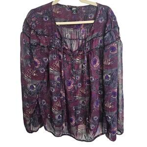 Wrangler Rock 47 Womens Blouse Peacock Beaded Peasant Sz XXLSheer Chiffon Tunic
